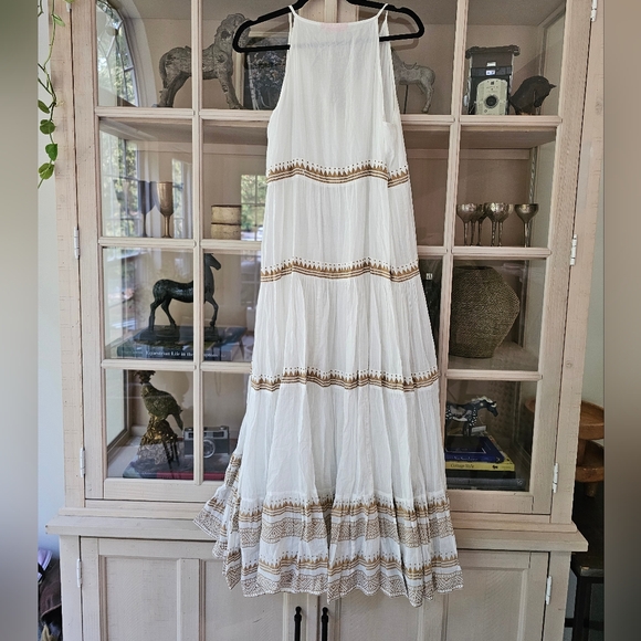 Oliphant Long Tiered Whimsical Beachy Golden White Tassle Flowy Dress - Picture 5 of 6